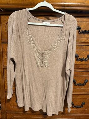 Maurice’s Ribbed Lace-Trim Henley Long Sleeve Top - Taupe